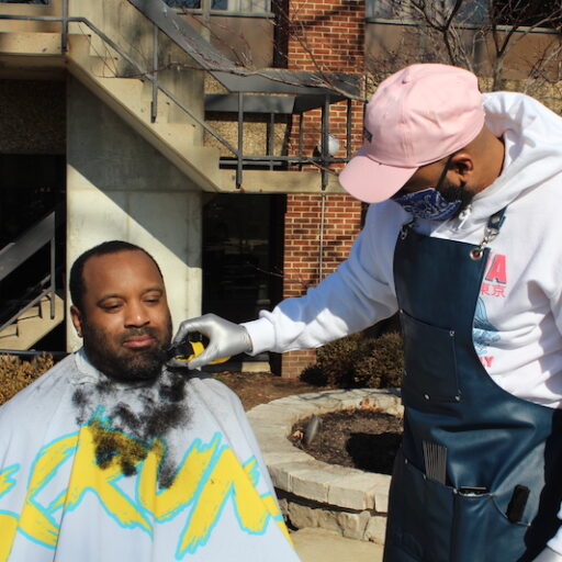 Bethesda employees getting beard shaved
