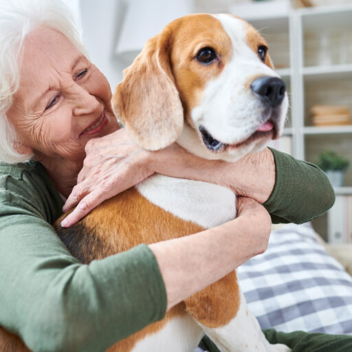 Senior woman hugging dog demonstrating positive benefits of seniors with pets