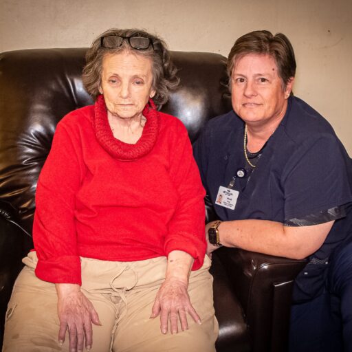 Wanda Mitchell and Wendi Hook with lift chair from Bethesda Home and Community Based Services and Bethesda Health Group Foundation